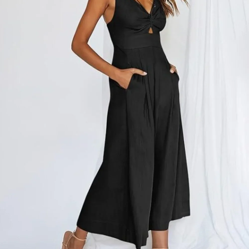 NWOT Jumpsuit Wide Leg Sleeveless V Neck Casual Dressy Linen, size S - Picture 3 of 5